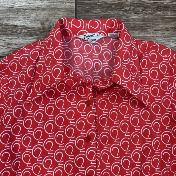 70s Import Corner Red White modernist Geo Print polyester blouse S/M - Picture 12 of 13